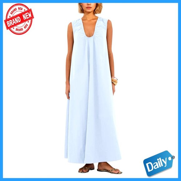 Dresses & Skirts - Cotton Maxi Dress Scoop Neck Ruched Side Pockets Swing Sundress